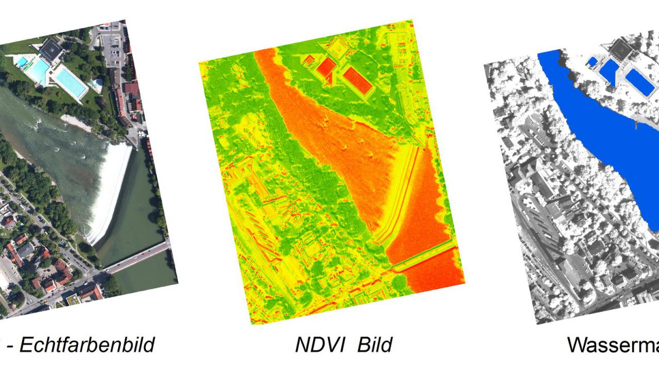 Figure 2: Image sequence using the 3K camera system (location: Landsberg am Lech): Left – true colour composite (RGB), middle – coloured NDVI image, right: derived water mask
