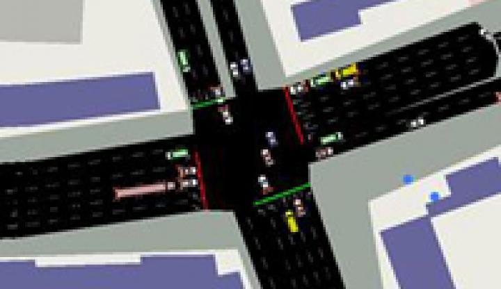 Abbildung aus einer Simulation der Stadt Braunschweig (Fokus auf eine einzelne Kreuzung des Szenarios)