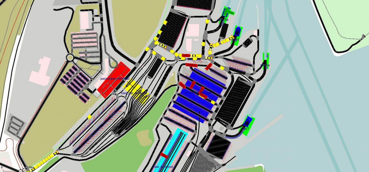 SUMO-Simulation als Bestandteil eines digitalen Zwillings von landseitigen Fahrzeugbewegungen und Warenströmen in Häfen.