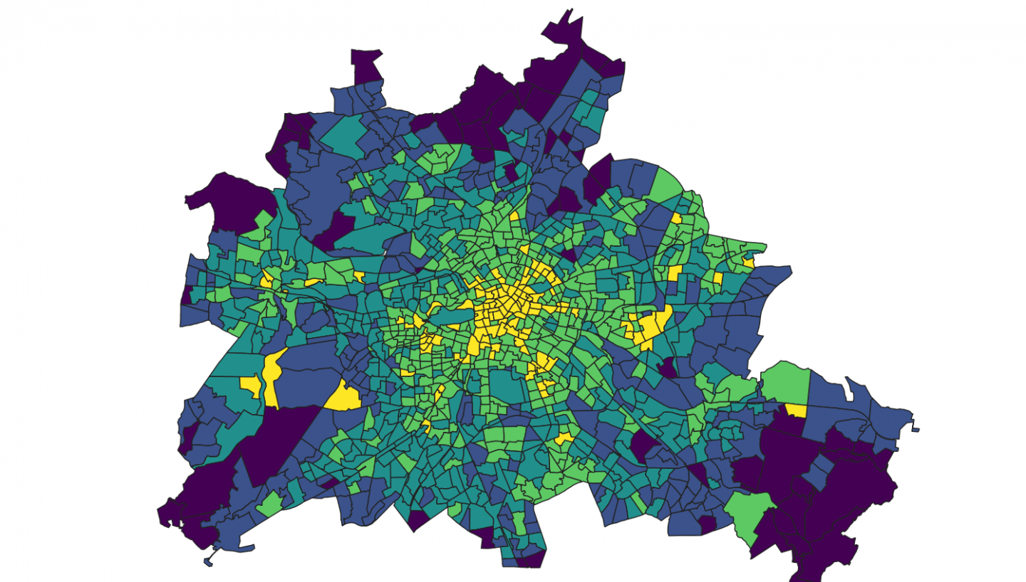 Quellverkehre aus den Berliner Verkehrszellen; die Farbe verdeutlicht die bevorzugten Verkehrsmittel in den Zellen (gelb: überwiegend öffentlicher Nahverkehr – ÖV, dunkelblau: überwiegend Motorisierter Individualverkehr – MIV).