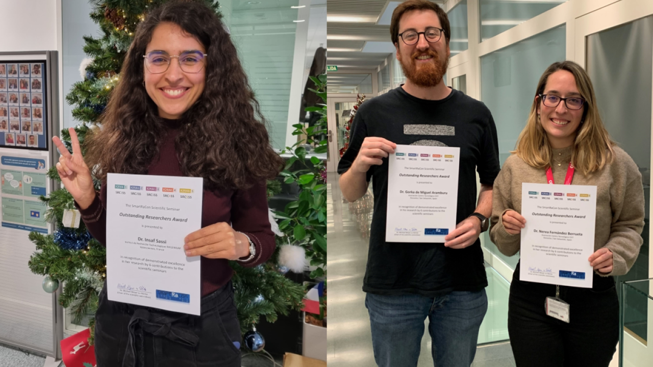 The three scientists Insaf Sassi, Nerea Fernández Berrueta and Gorka De Miguel Aramburu with their certificates for their outstanding contributions to the SmartRaCon Scientific Seminar