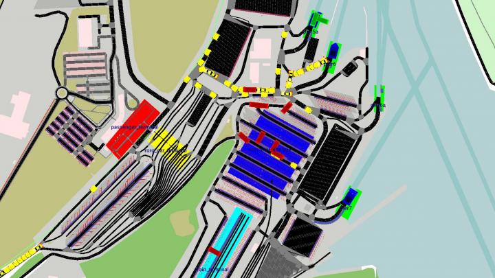 SUMO-Simulation als Bestandteil eines digitalen Zwillings von landseitigen Fahrzeugbewegungen und Warenströmen in Häfen.