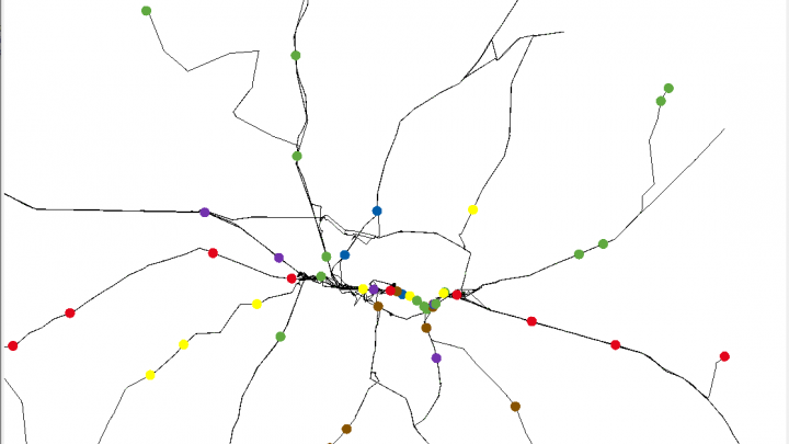 Simulation der S-Bahn München. Einfärbung nach Linien