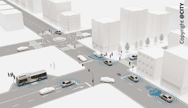 Keyvisual @City - zeigt eine visualisierte Straßenszene mit automatisierten, vernetzten Fahrzeugen