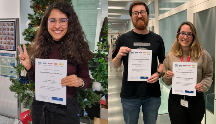 The three scientists Insaf Sassi, Nerea Fernández Berrueta and Gorka De Miguel Aramburu with their certificates for their outstanding contributions to the SmartRaCon Scientific Seminar