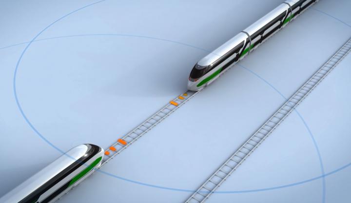 Zwei NGT-Triebzüge initiieren die virtuelle Kupplung. Anschließend fahren beide als Zugverband weiter, ohne dass eine mechanische Kupplung erforderlich ist.